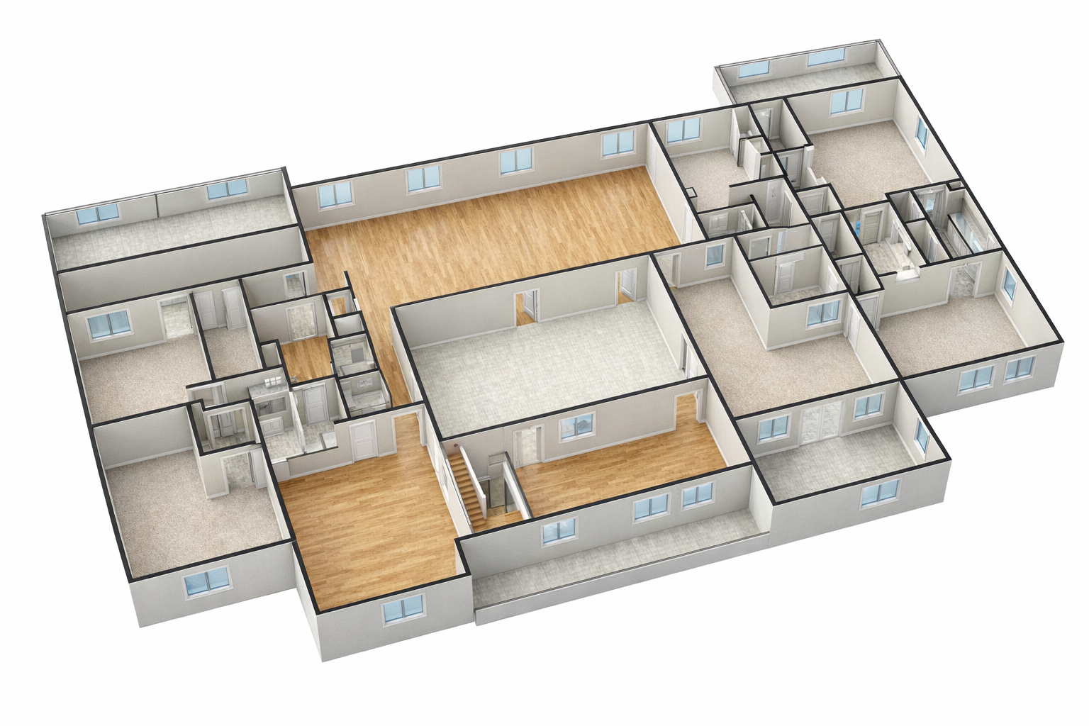 AI-generated 3D floor plan view with realistic materials, hardwood floors, tiled bathrooms, and blue-tinted windows
